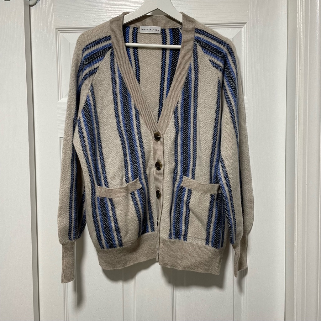 New White Warren Striped Cashmere Cardigan Size Medium